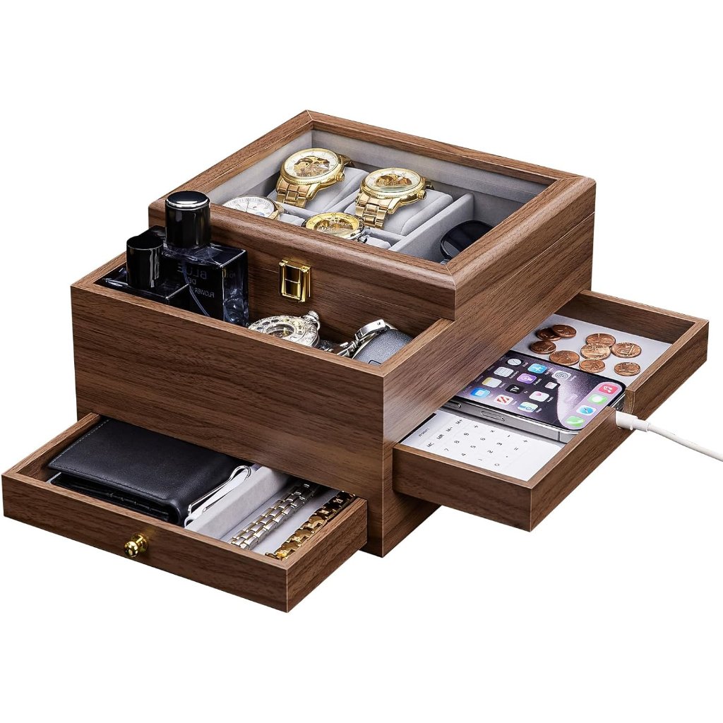 Men's Jewelry Organizer Box Wooden Glass Watch Case Storage For Accessories